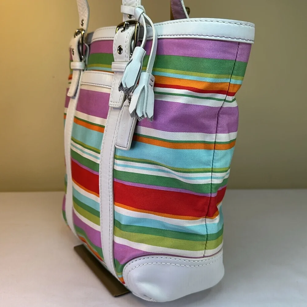 Coach Y2K Hampton Multi color striped fabric and leather tote 2007 - Picture 5 of 15